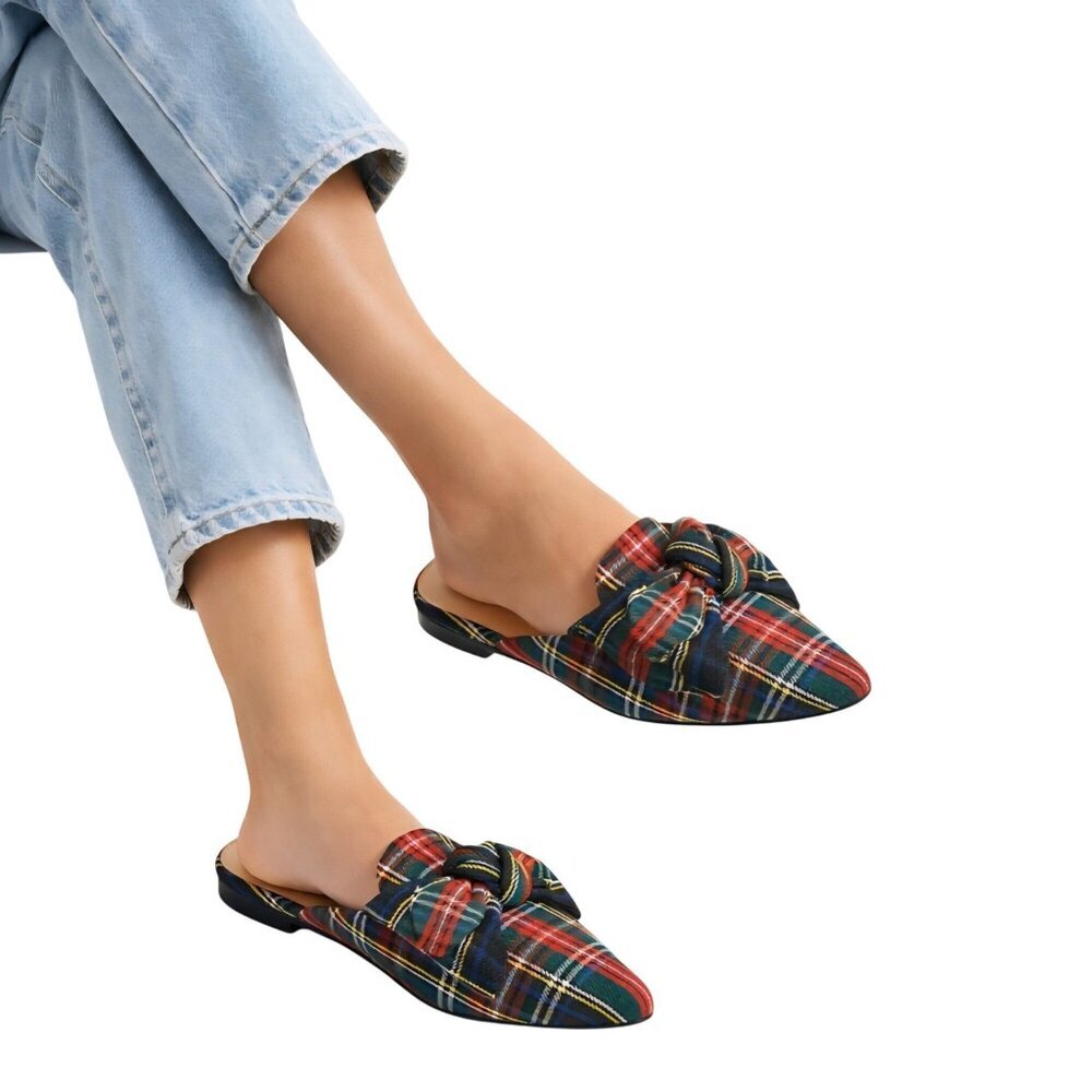 J.Crew NWT Tartan Slip On Mules Bow Detail Flats Stunning Size 10.5
